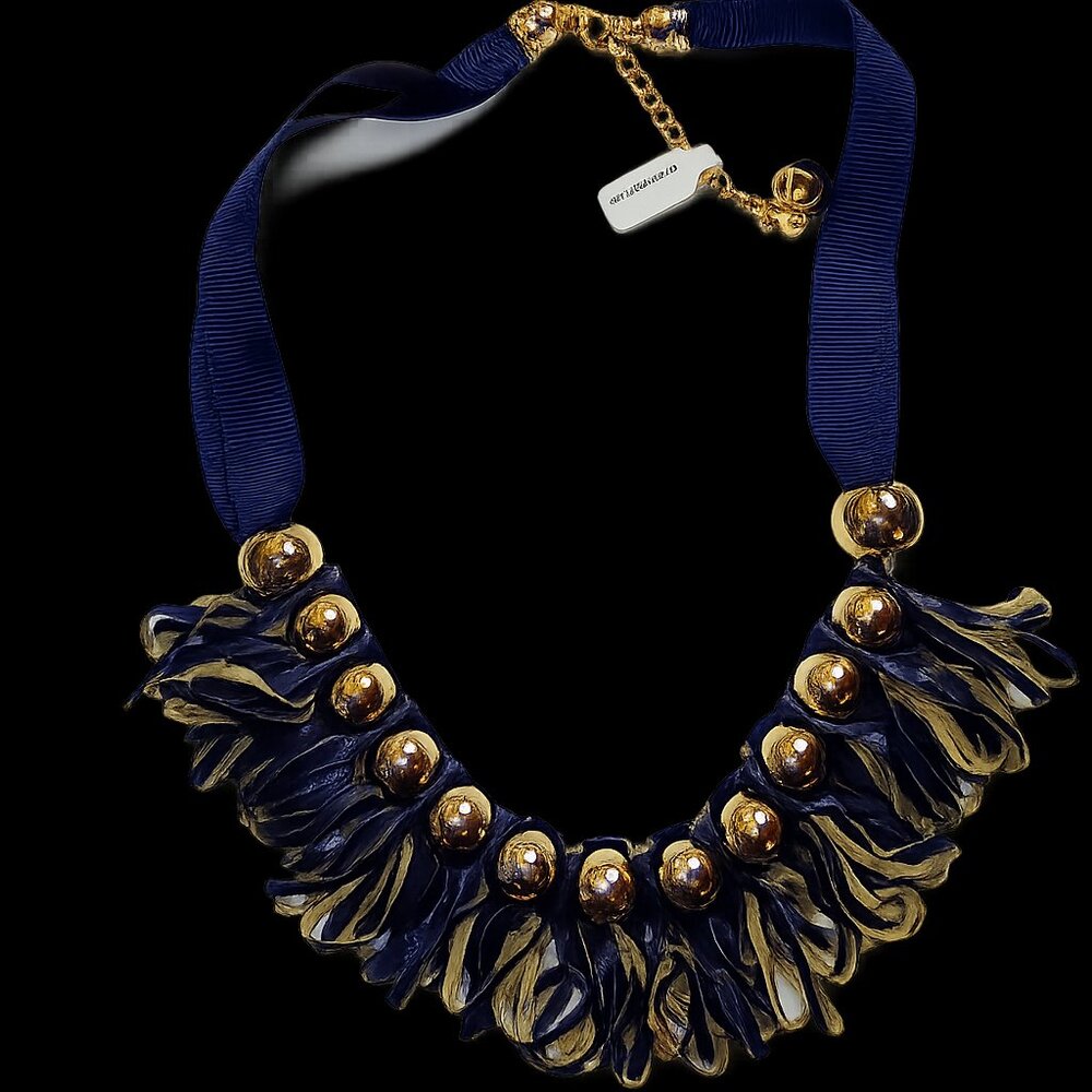 7 Charming Sisters Navy & Gold Statement Necklace NWT Ribbon Fringe Bead Bib Nec - Picture 3 of 4